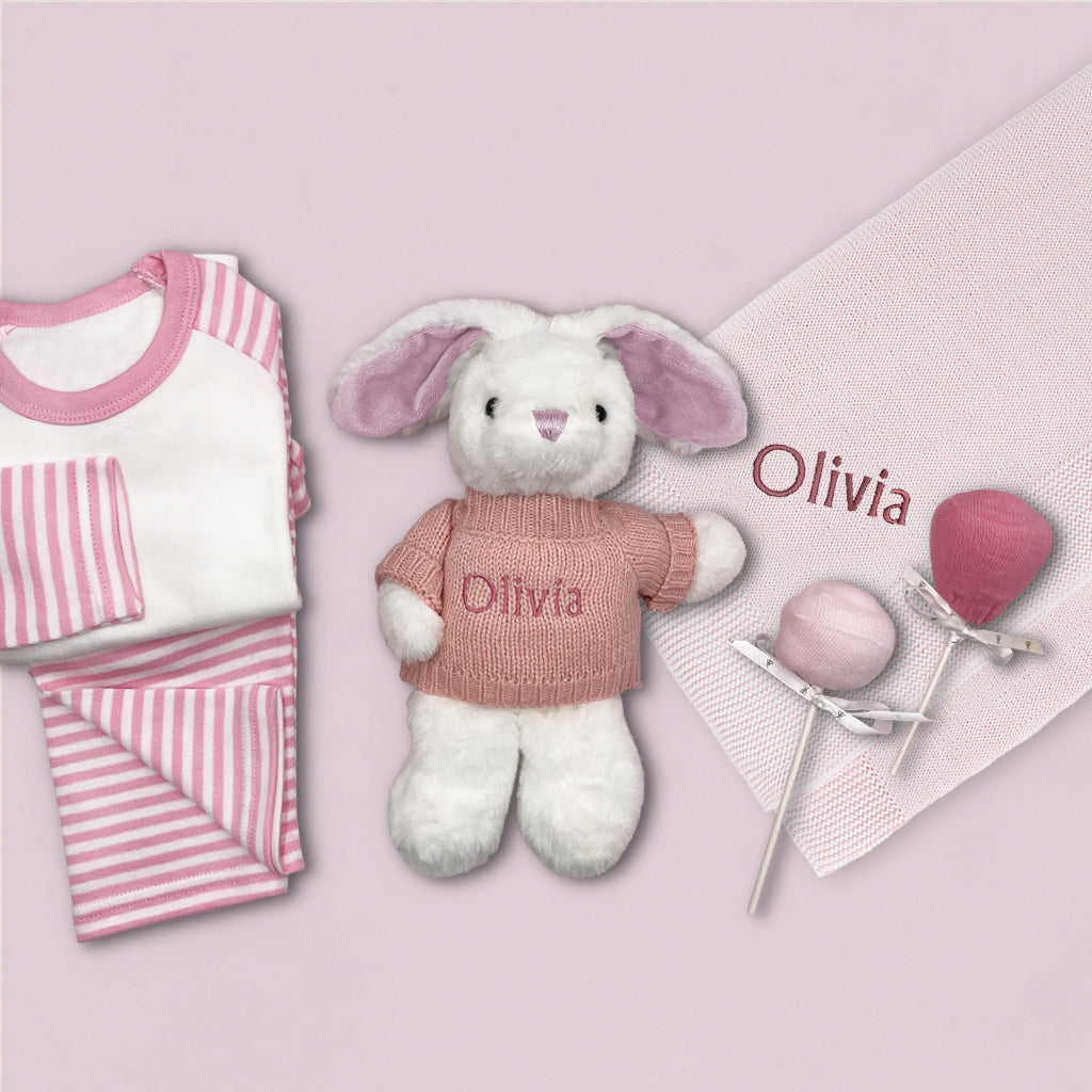 Little Bunny Sleepy Time Hamper, Pink - 0-12 Months with White Personalised Bathrobe