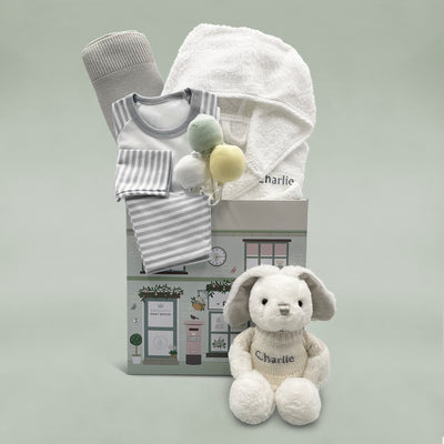 New Baby Gift Hamper With White Personalised Bathrobe