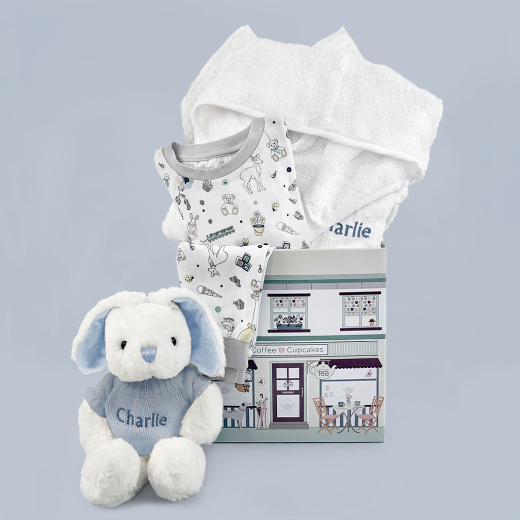 Baby Boy Hamper Of Personalised Bed And Bathtime Bathrobe And Blue Soft Toy Bunny