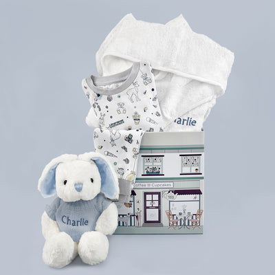 Baby Boy Hamper Of Personalised Bed And Bathtime Bathrobe And Blue Soft Toy Bunny