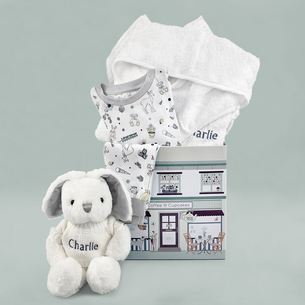 Baby Hamper Of Personalised Bed And Bathtime Bathrobe And Grey Soft Toy Bunny