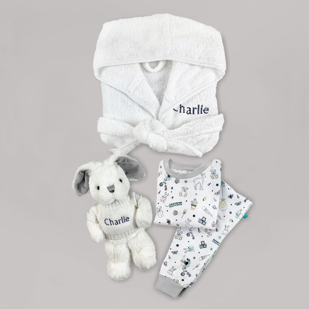 Little Bunny Bath and Bedtime Hamper, Grey - 1-2 Years with White Personalised Bathrobe