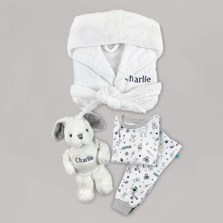 Little Bunny Bath and Bedtime Hamper, Grey - 1-2 Years with White Personalised Bathrobe