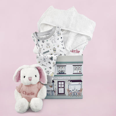 Baby Hamper Of Personalised Bed And Bathtime Bathrobe And Pink Soft Toy Bunny