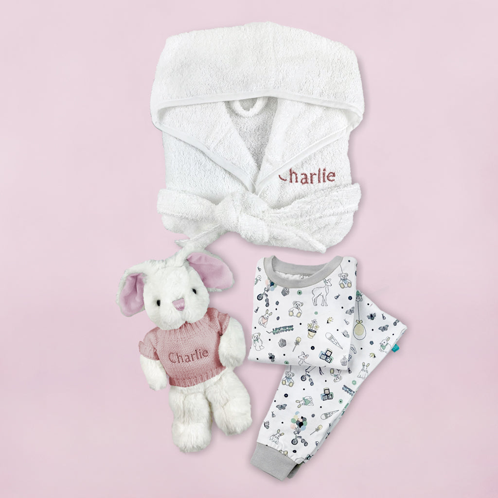 Little Bunny Bath and Bedtime Hamper, Pink - 1-2 Years with White Personalised Bathrobe