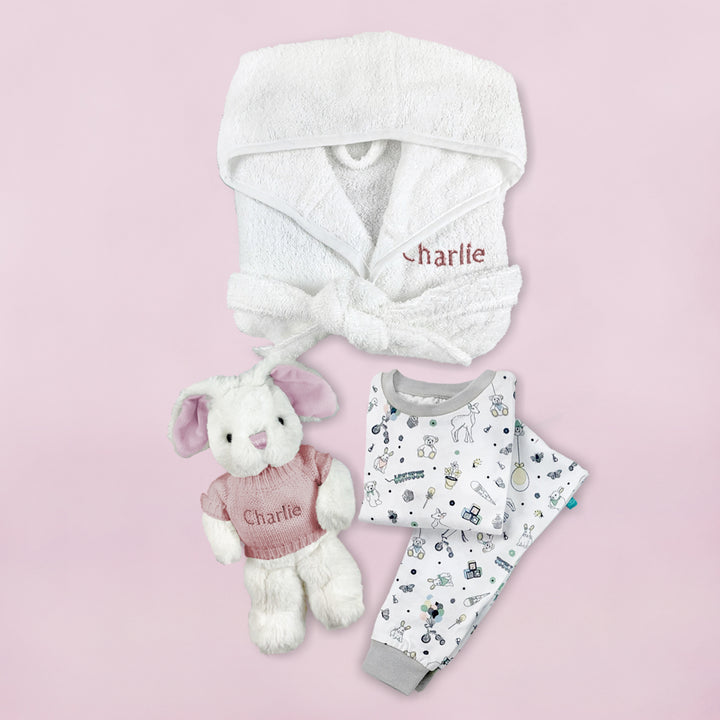 Little Bunny Bath and Bedtime Hamper, Pink - 1-2 Years with White Personalised Bathrobe