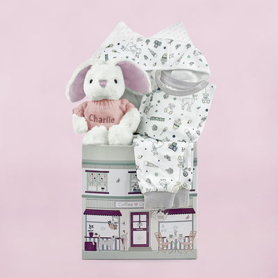 Baby Girl Hamper Of Personalised Bed And Bathtime Printed Bathrobe And Pink Soft Toy Bunny