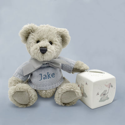 Personalised New Baby Gift With Teddy Bear And Bone China Money Box