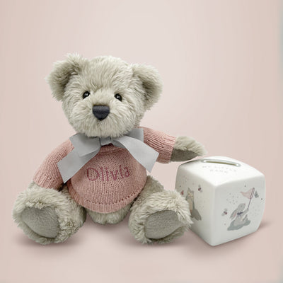 Personalised Baby Girl Gift Set Pink Teddy Bear And Bone China Money Box