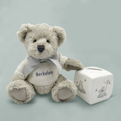 Christening Gift Personalised Grey Teddy Bear With Fine Bone China Money Box
