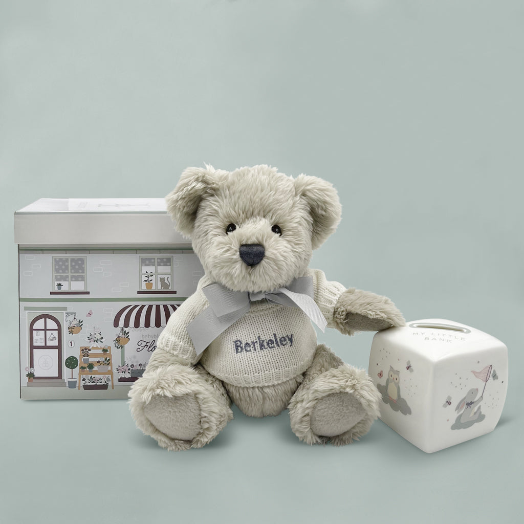Personalised Grey Berkeley Bear and Little Love Money Box