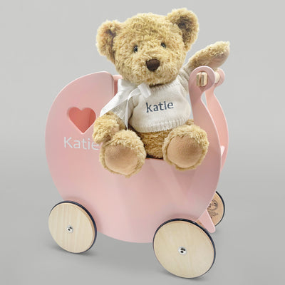 First Birthday Gift For Girls Personalised Pink Wooden Pram And Teddy Bear