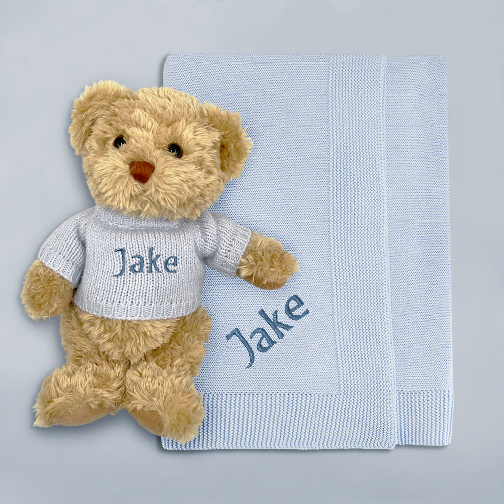 Personalised Bertie Bear with Blanket, Blue