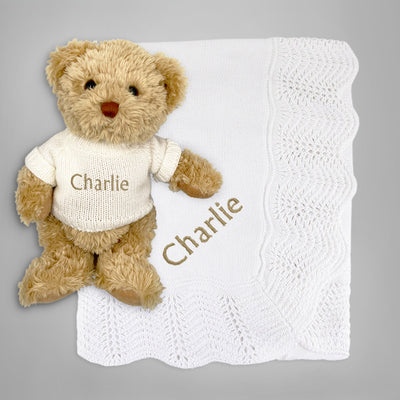 Personalised Christening Gift Bertie Teddy Bear And Traditional Crochet Blanket