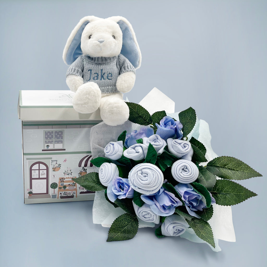 Hand Tied Baby Clothes Bouquet and Personalised Bunny, Blue