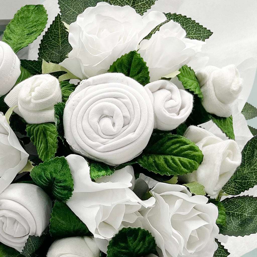 Hand Tied Baby Clothes Bouquet with Personalised Snuggle Wrap, White