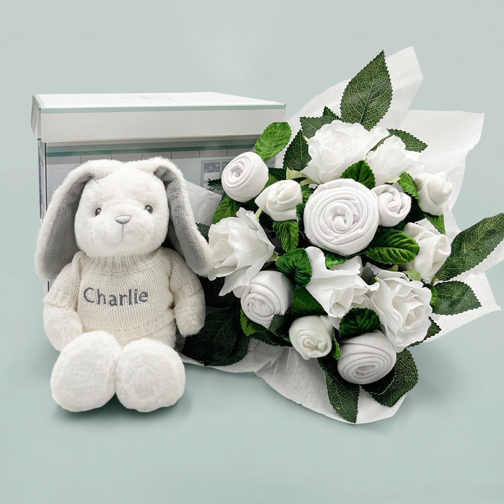 New Baby Gift Baby Clothes Blue Bouquet With Personalised Bunny Soft Toy