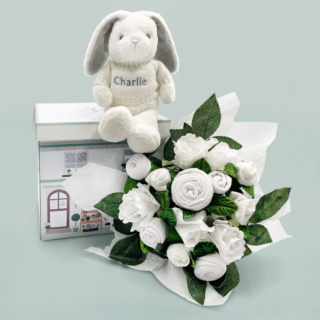 Hand Tied Baby Clothes Bouquet and Personalised Bunny, White