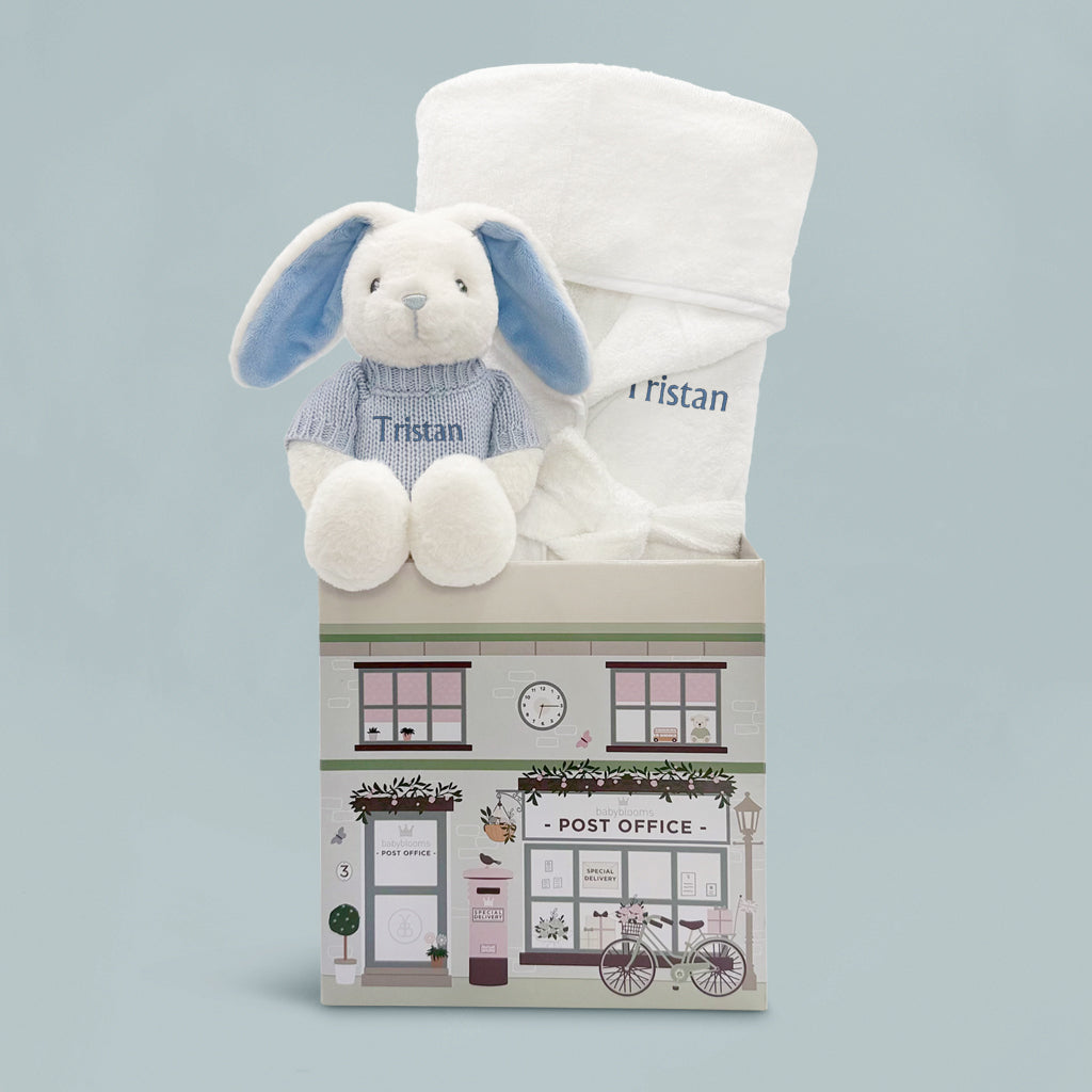 New Baby Boy Hamper Of Personalised Bathrobe And Blue Soft Toy Bunny