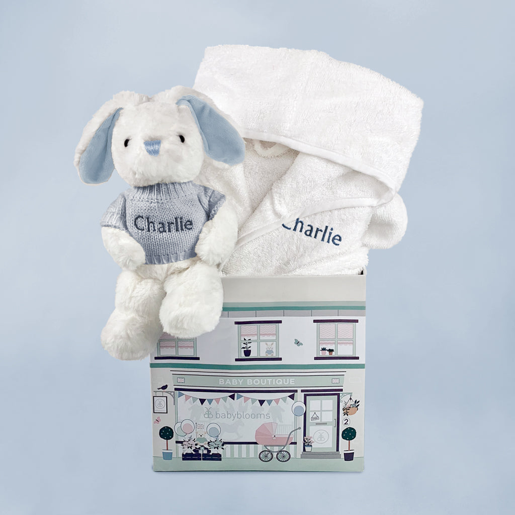 Baby Boy Gift Hamper Of Personalised Bathrobe And Blue Soft Toy Bunny