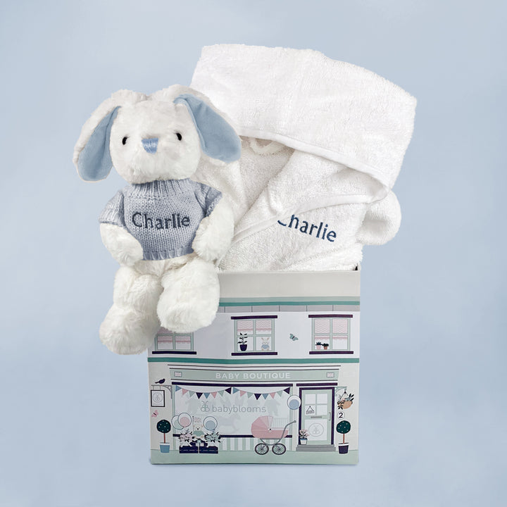 Baby Boy Gift Hamper Of Personalised Bathrobe And Blue Soft Toy Bunny
