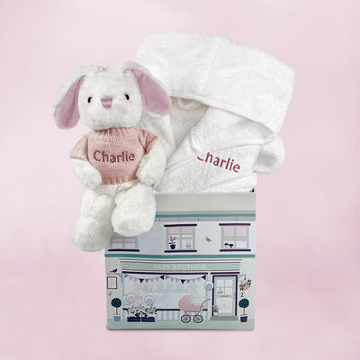Baby Girl Gift Hamper Of Personalised Bathrobe And Pink Soft Toy Bunny