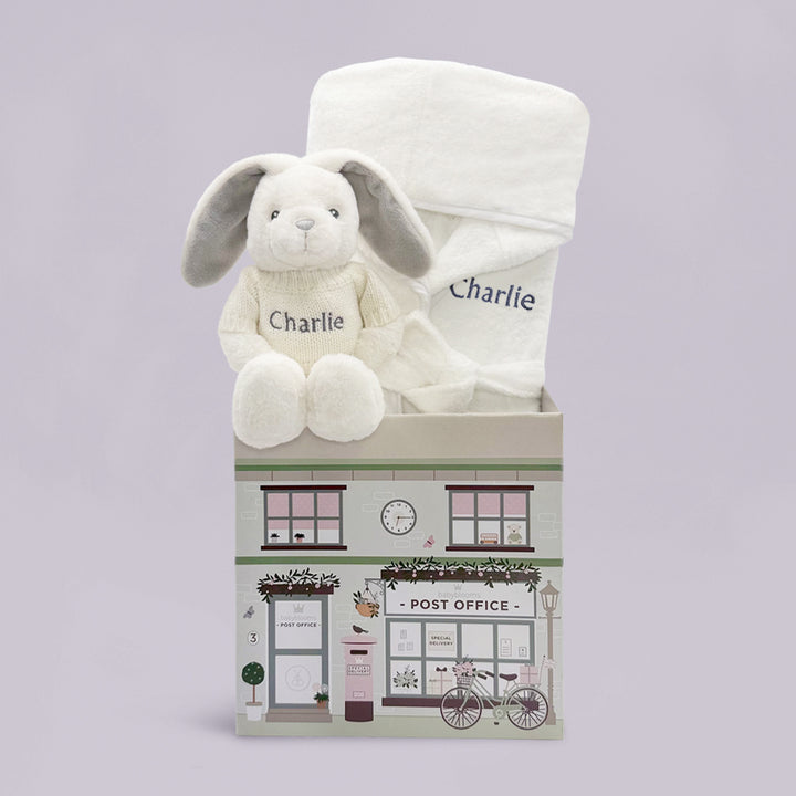 Baby Gift Hamper Of Personalised Bathrobe And White Soft Toy Bunny