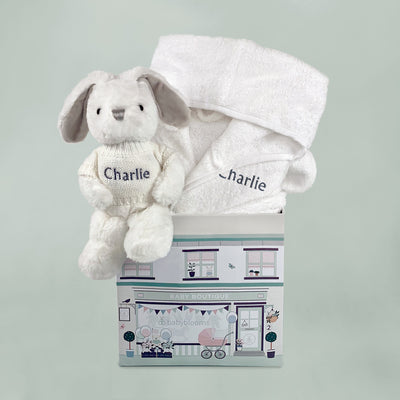 Baby Gift Hamper Of Personalised Bathrobe And White Soft Toy Bunny