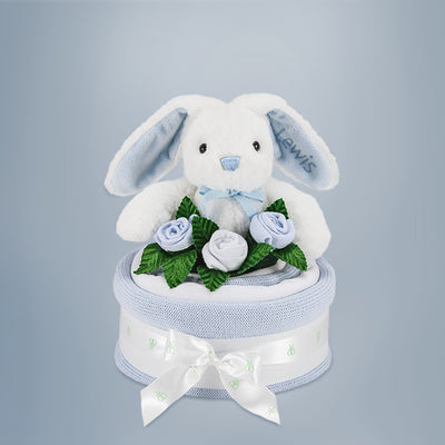 Personalised New Baby Gift Blue Eco Bunny Blanket Cake