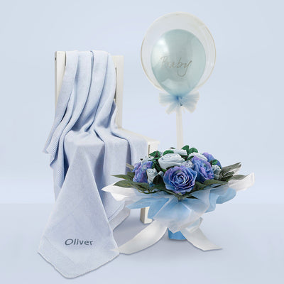 Baby Boy Gift Baby Clothes Bouquet And Balloon With Personalised Blue Blanket