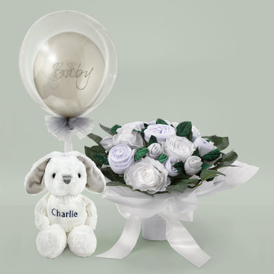 Baby Gift Pink Baby Clothes Bouquet And Balloon With Personalised Soft Toy Bunny