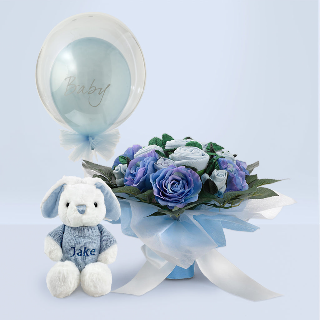 Baby Boy Gift Blue Baby Clothes Bouquet And Balloon With Personalised Blue Soft Toy Bunny