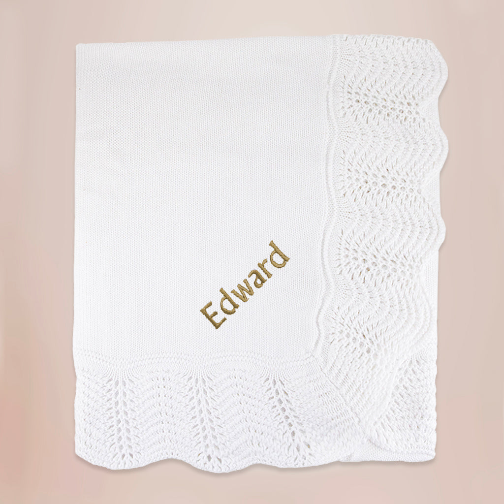 Personalised Christening Gift Of Babyblanket With Gold Embroidery