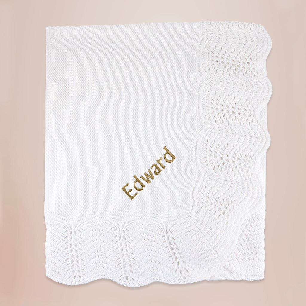 Personalised Christening Gift Of Babyblanket With Gold Embroidery