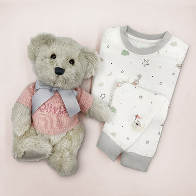 Personalised New Baby Giel Gift With Teddy Bear And Pyjamas