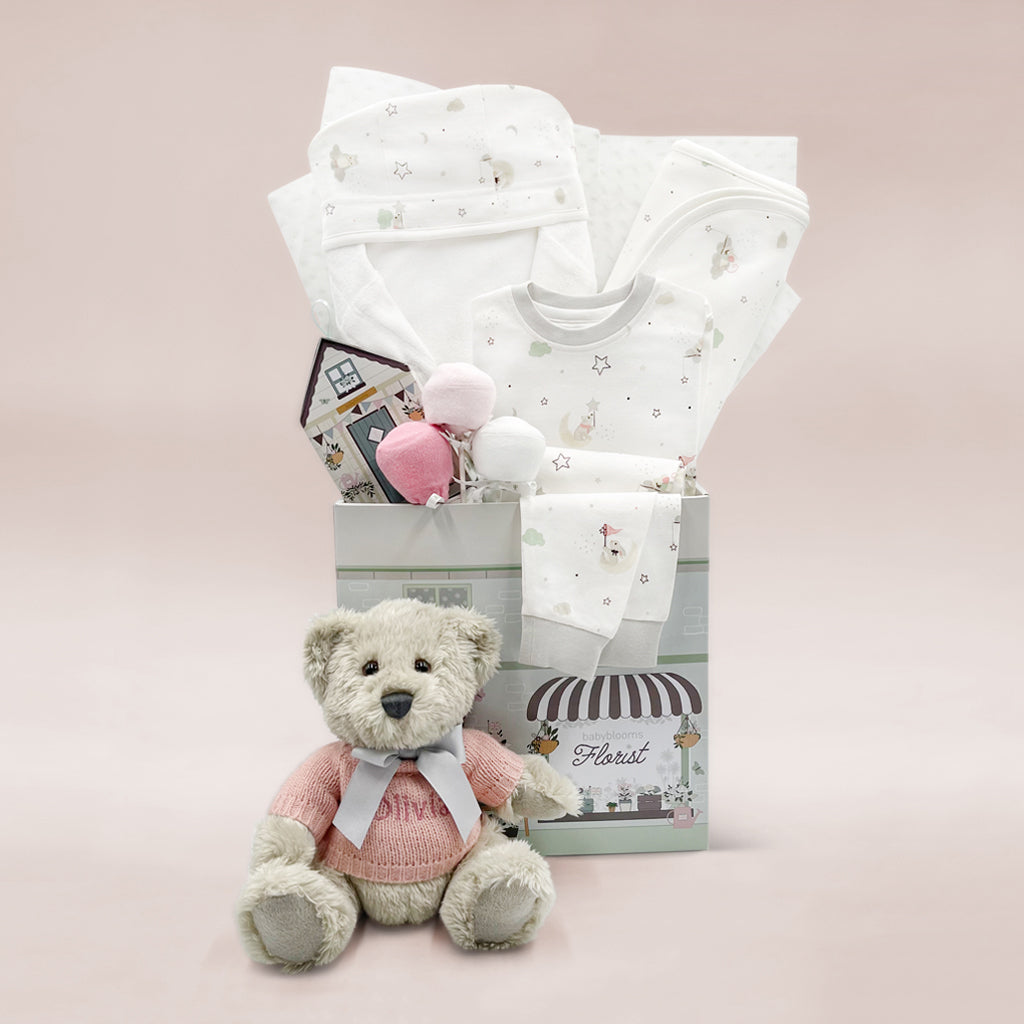 New Baby Girl Hamper Personalised With Teddy Bear