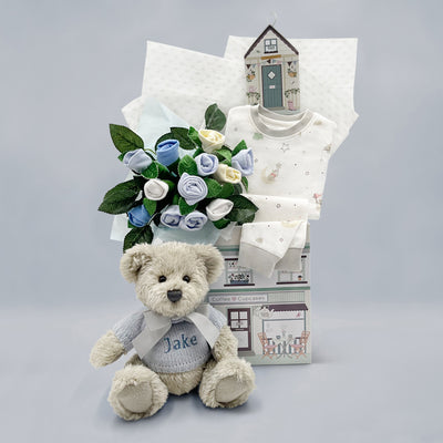 New Baby Boy Personalised Gift Hamper Little Love Bedtime Welcome In Blue