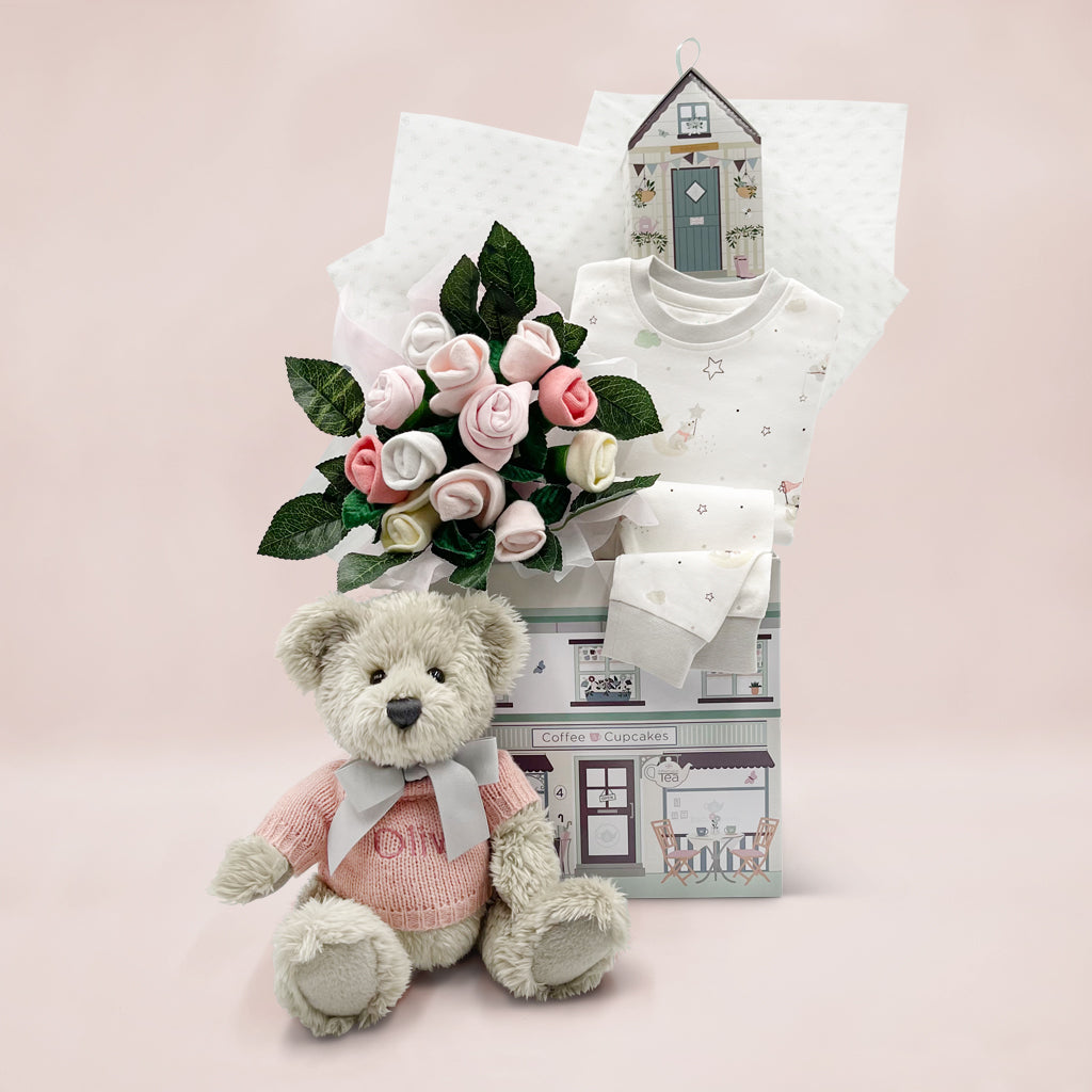 New Baby Girl Personalised Gift Hamper Little Love Bedtime Welcome In Pink