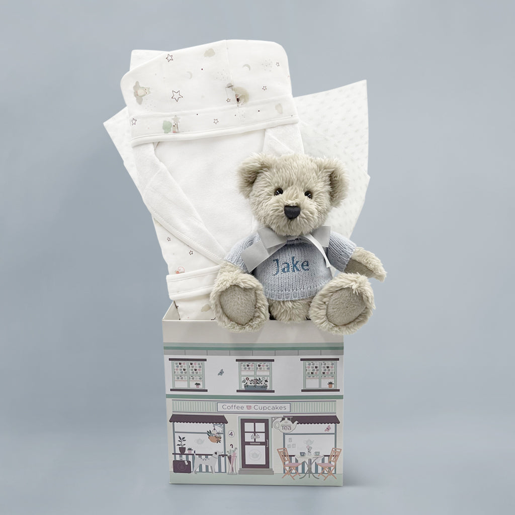 Personalised New Baby Boy Gift With Teddy Bear And Blue Bathrobe