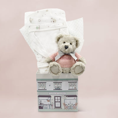 Personalised New Baby Girl Gift With Teddy Bear And Pink Bathrobe