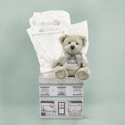 Personalised New Baby Gift With Teddy Bear And Bathrobe