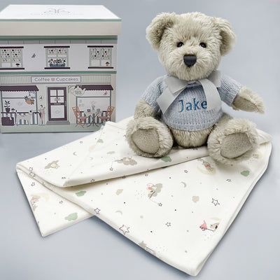 Personalised Baby Boy Gift Blue Baby Wrap With Teddy Bear