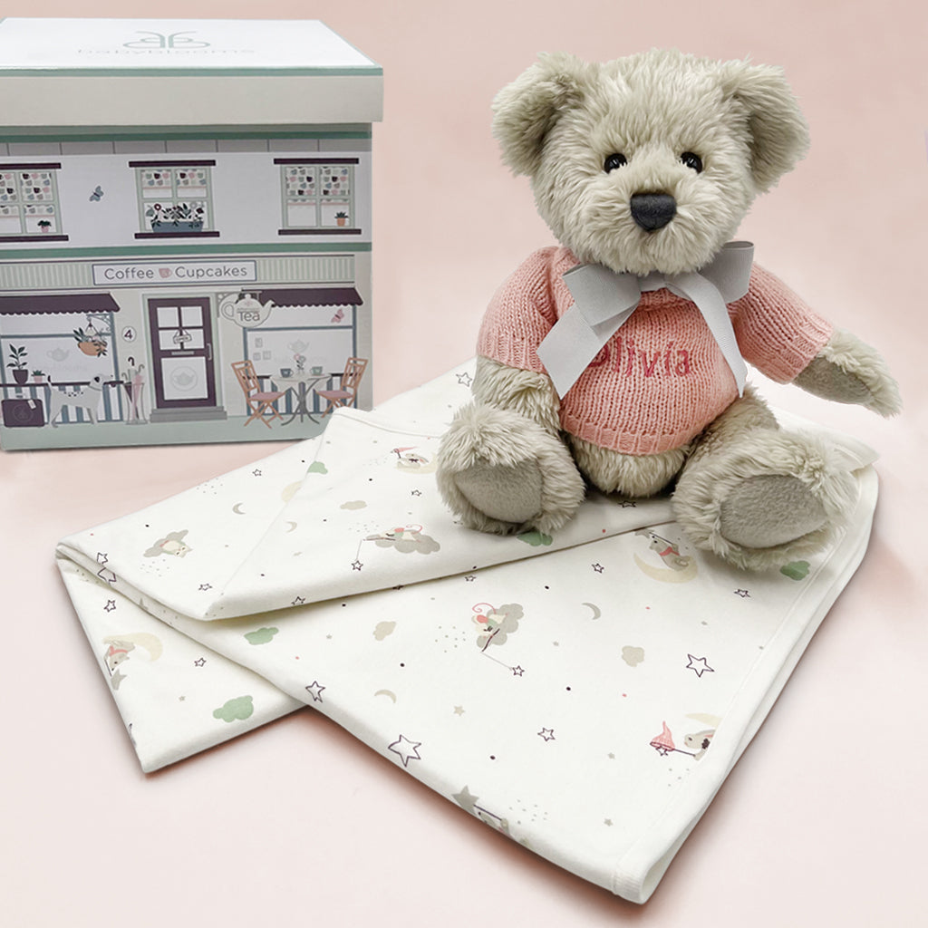 Personalised Baby Girl Gift Pink Baby Wrap With Teddy Bear