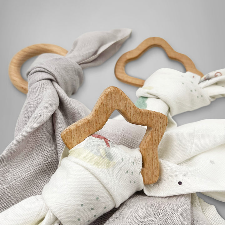Little Love Trio of Muslins With Wooden Teethers