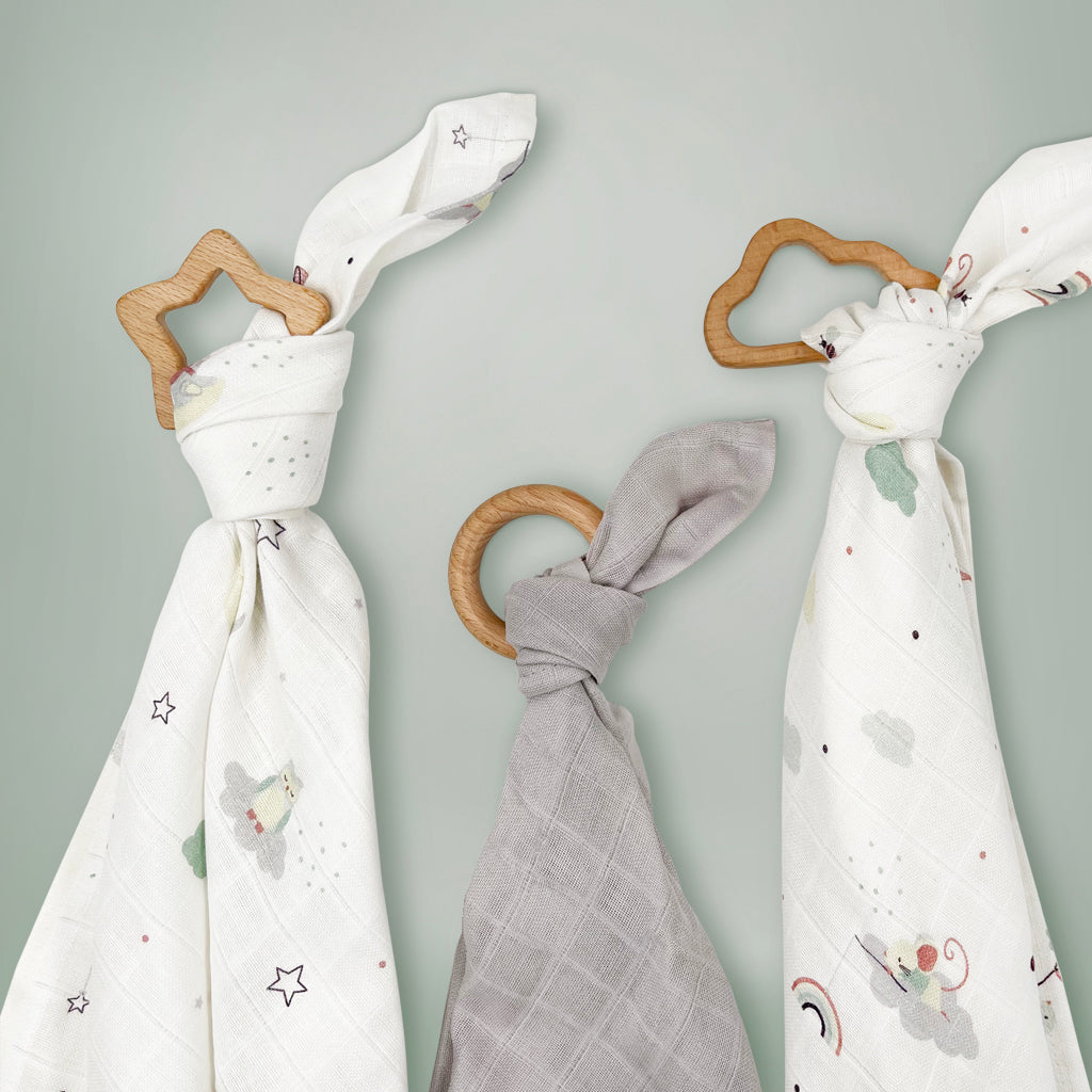 Little Love Trio of Muslins With Wooden Teethers