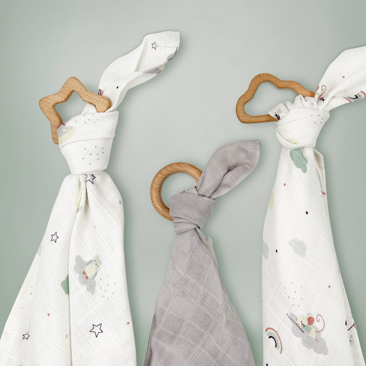 Little Love Trio of Muslins With Wooden Teethers