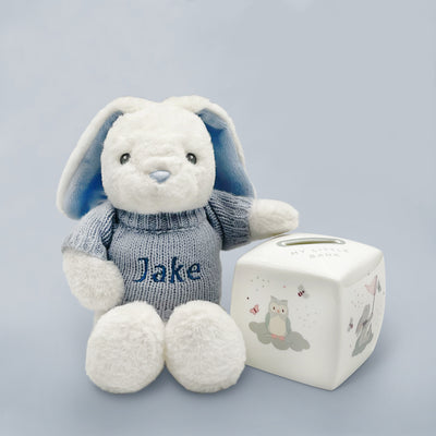 Personalised New Baby Gift With Bunny Soft Toy And Bone China Money Box