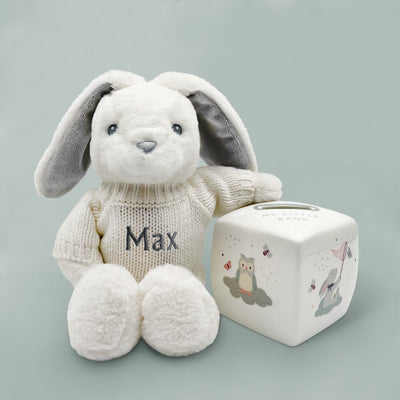 Christening Gift Personalised Grey  Eco Bunny With Fine Bone China Money Box