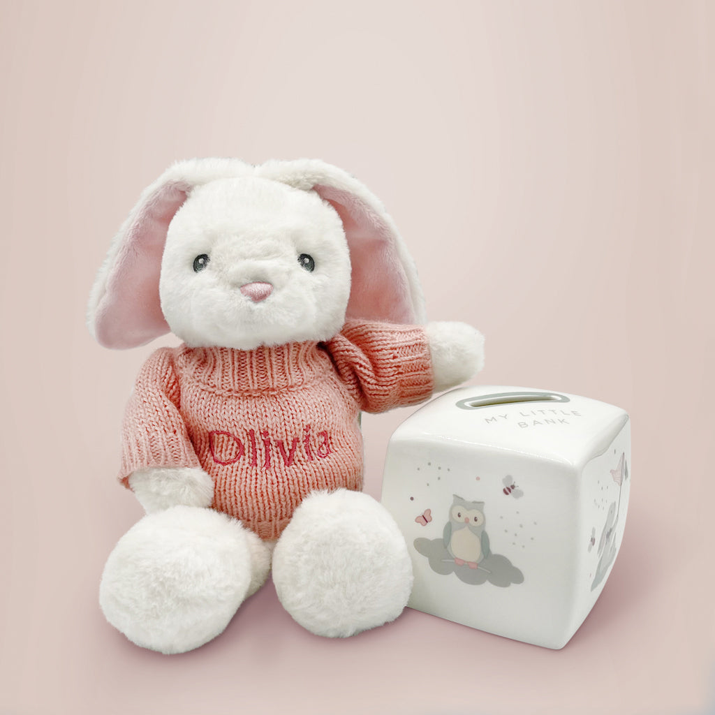 Personalised Baby Girl Gift Set Pink Bunny Soft Toy And Bone China Money Box