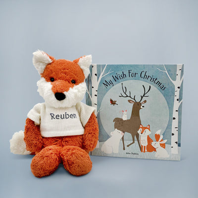 Babys First Chrsitmas My Wish For Christmas Book With Personalised Jellycat Fox Cub Soft Toy